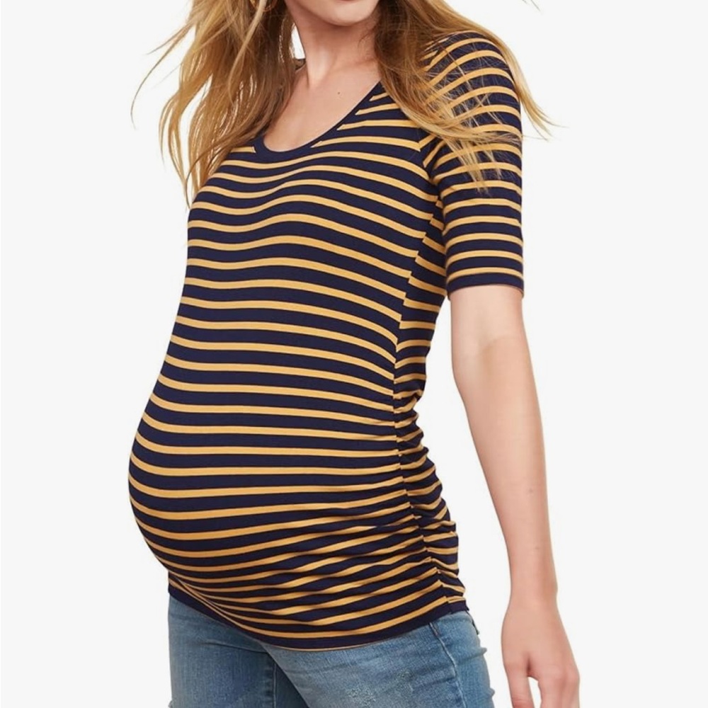 Motherhood Maternity blue gold stripe scoop neck half sleeve fitted top small